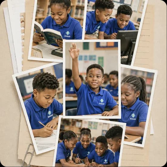 SOAAR learners in class reading, writing, and raising a hand